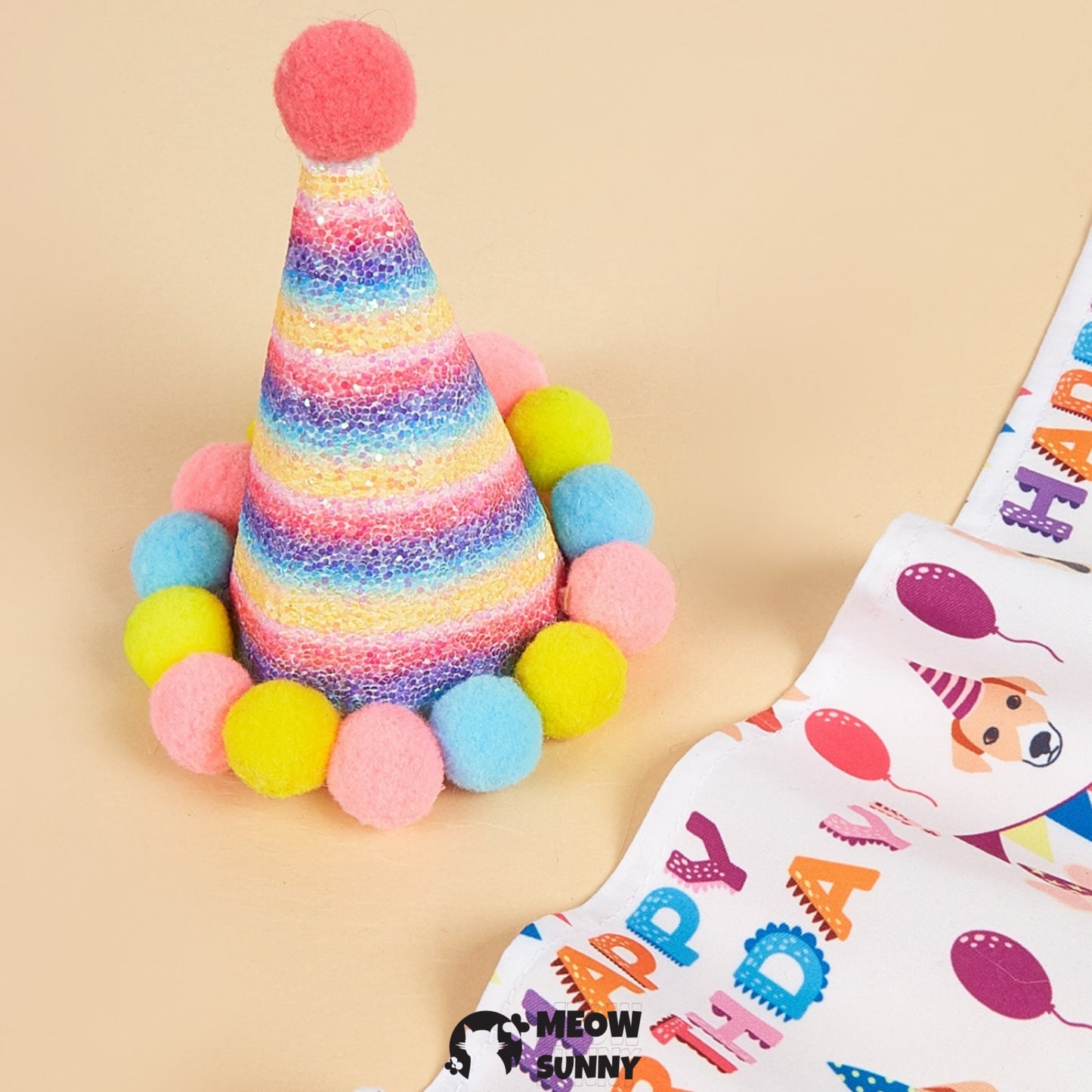 Happy Birthday Dog & Cat Hat and Triangle Bib, Medium