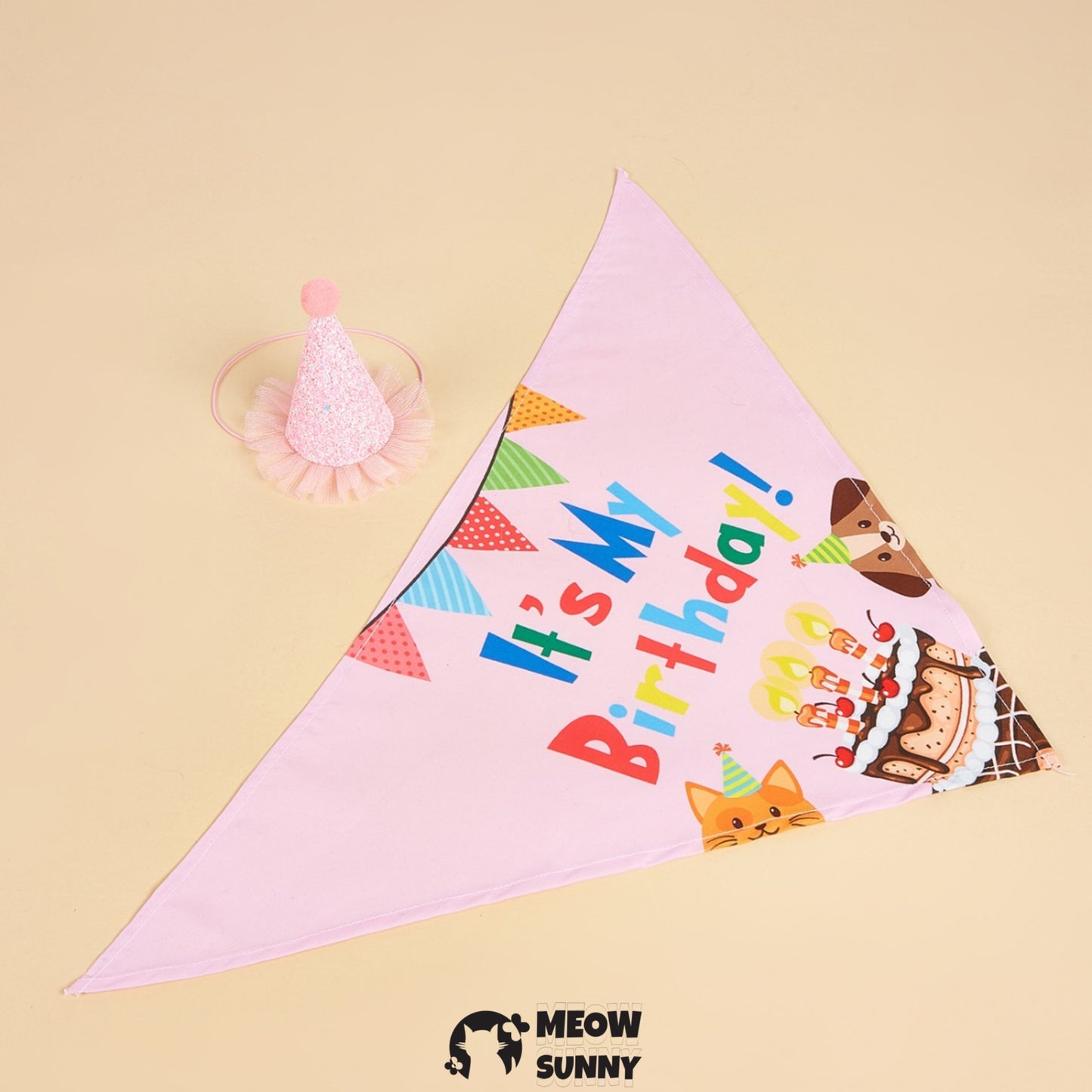 Happy Birthday Dog & Cat Hat and Triangle Bib, Medium