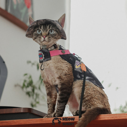 Outdoor Camping Tie-Dye Denim Cat Costume with hat /Leashes& Harnesses set