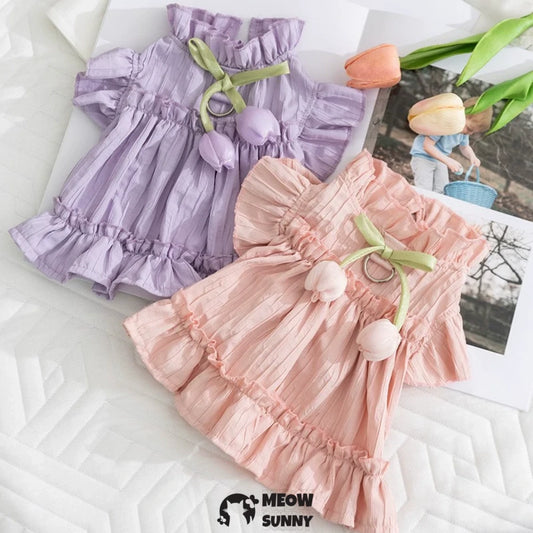 Adorable Ruffles Dog Dress with Bow Summer Pet Skirt Soft Breathable