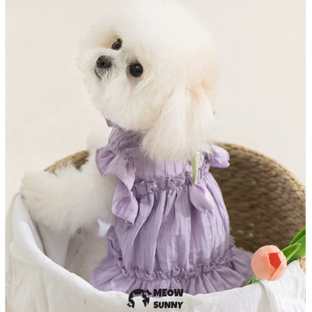 Adorable Ruffles Dog Dress with Bow Summer Pet Skirt Soft Breathable