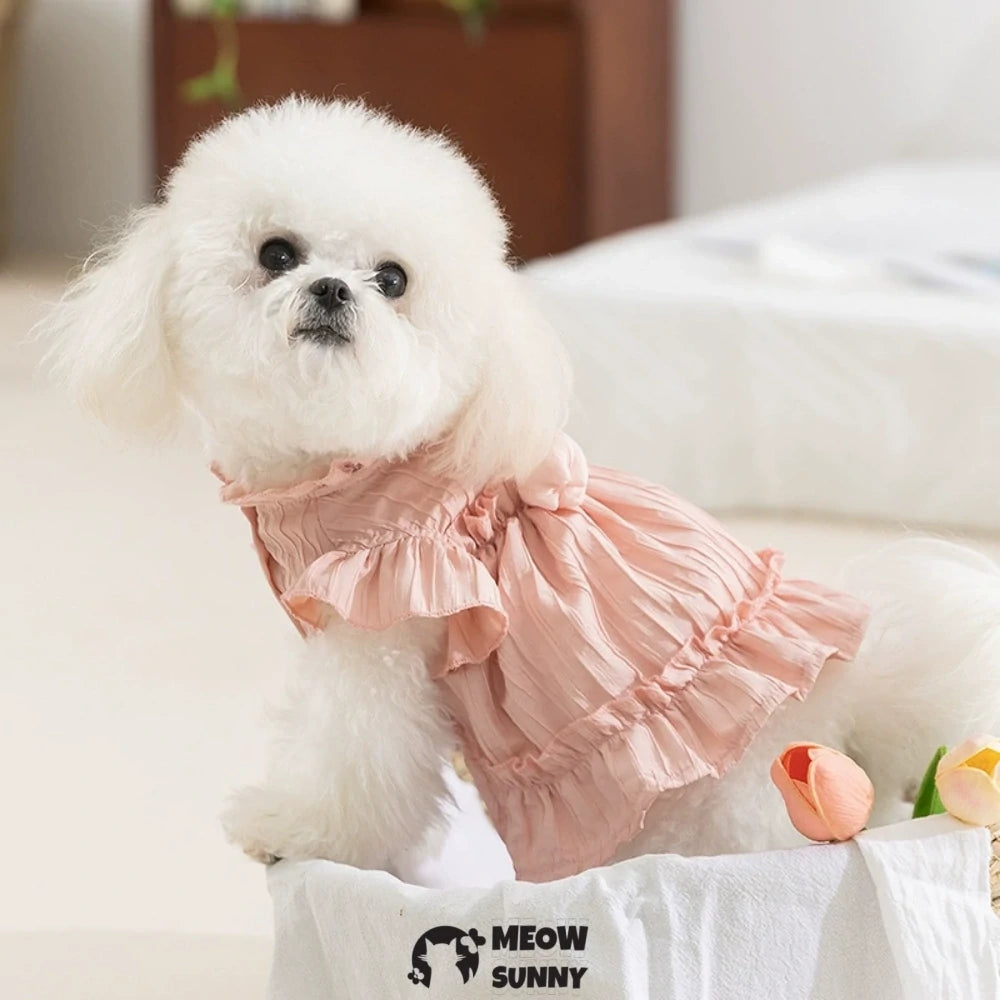 Adorable Ruffles Dog Dress with Bow Summer Pet Skirt Soft Breathable
