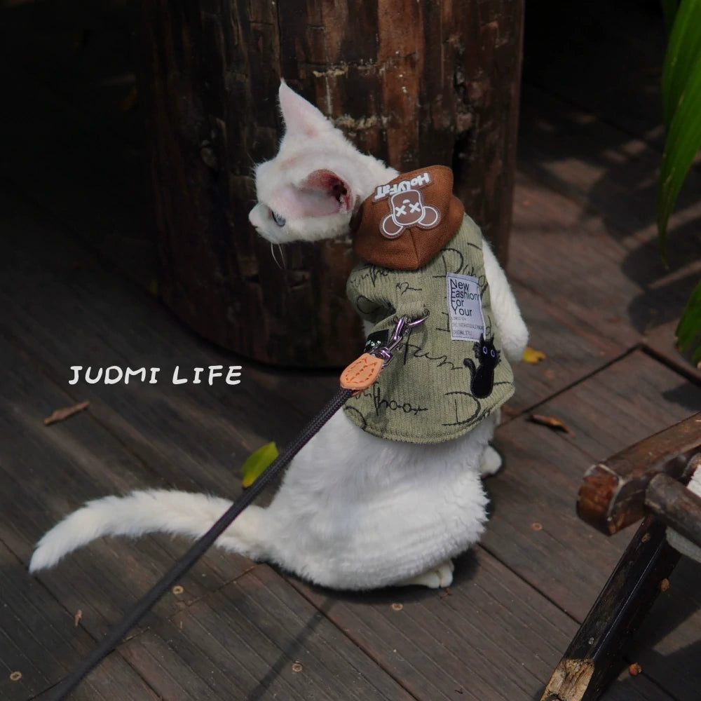Army Green Retro Sweatshirt Cat Leash Harness Set with Hat