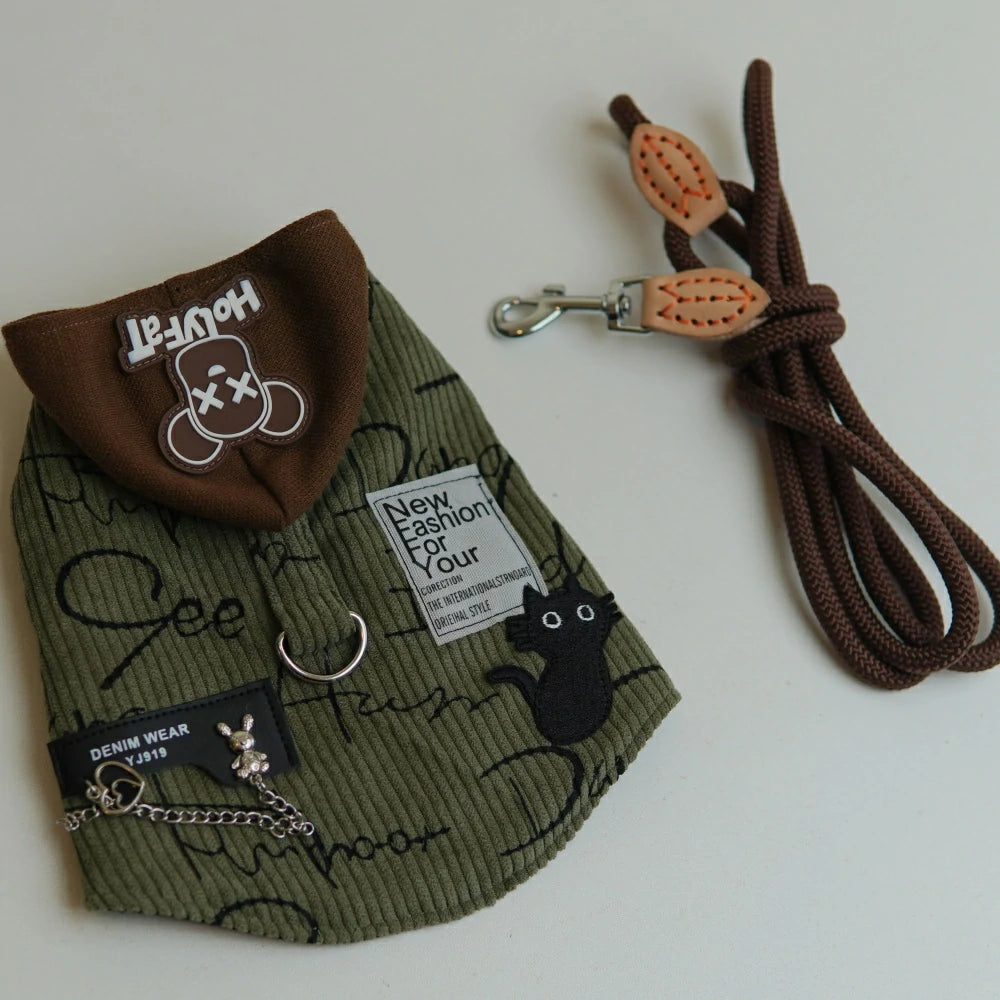 Army Green Retro Sweatshirt Cat Leash Harness Set with Hat