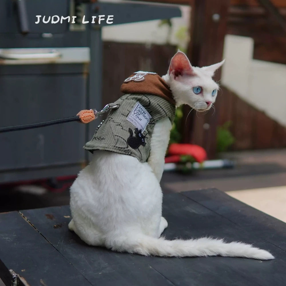 Army Green Retro Sweatshirt Cat Leash Harness Set with Hat
