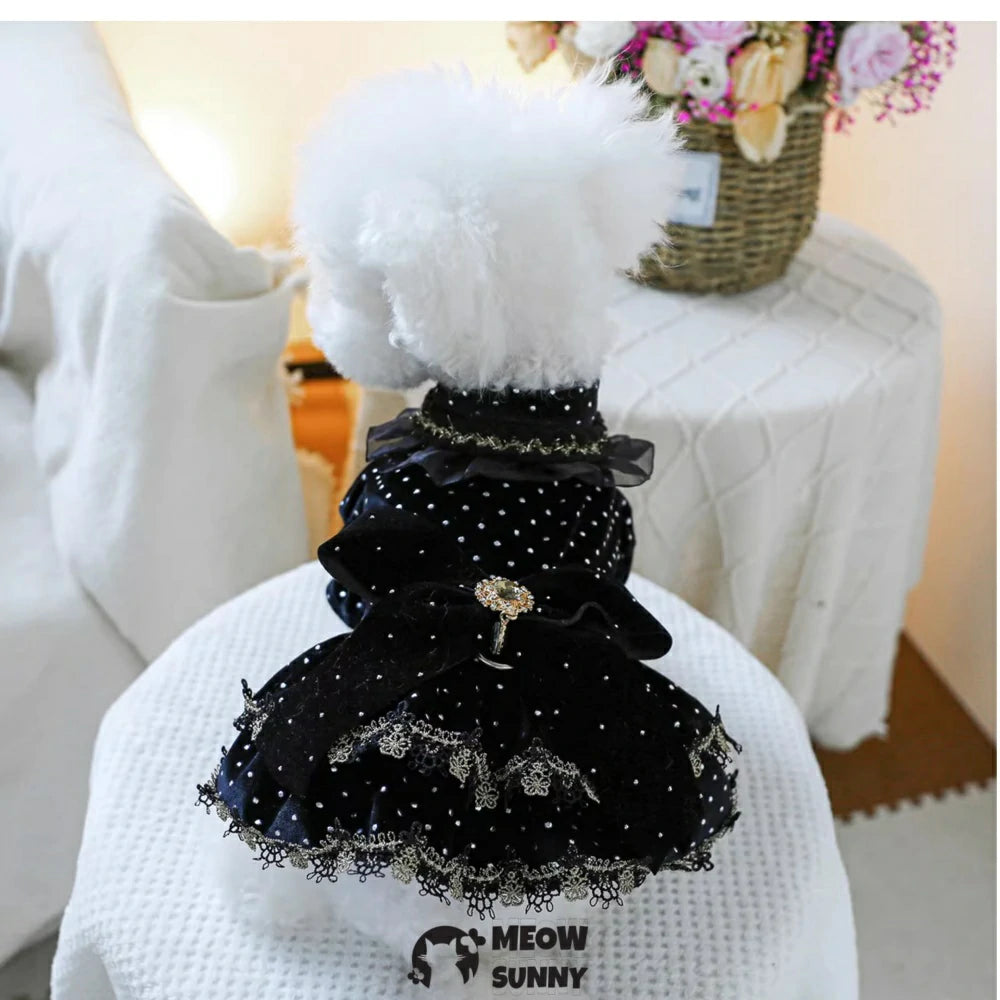 Black and gold dress pet clothes dog dress velvet princess dress
