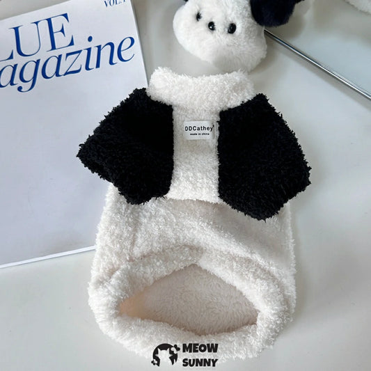 Black and white panda double-sided plush pet cotton coat, home wear for small dogs.