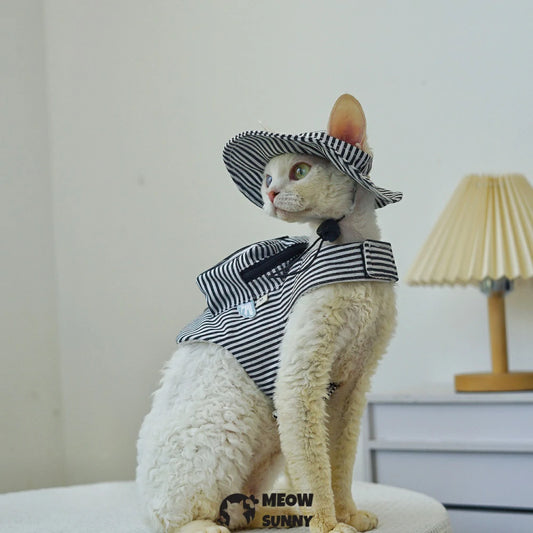 Black and white striped cat leash and harness set with hat