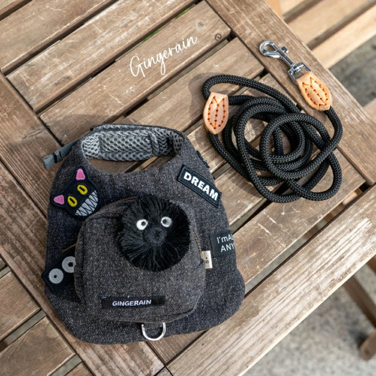 Black cute doll decoration cat denim chest leash set with hat