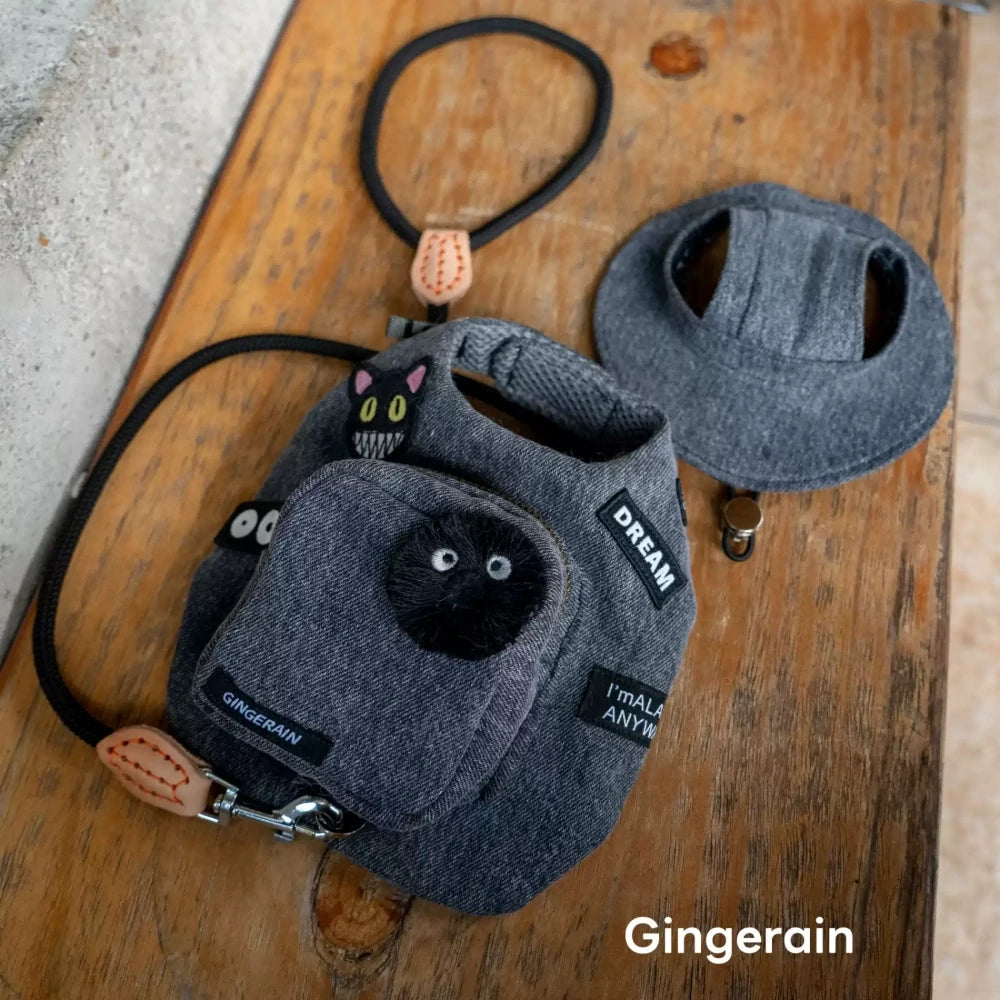 Black cute doll decoration cat denim chest leash set with hat