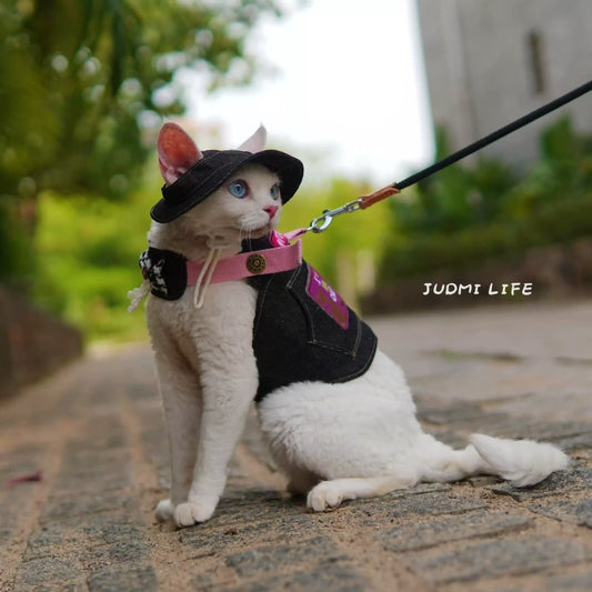 Black denim with cat cartoon patch and chest leash set including hat