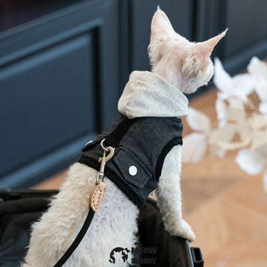 Black retro handsome hoodie cat chest strap suit with hood