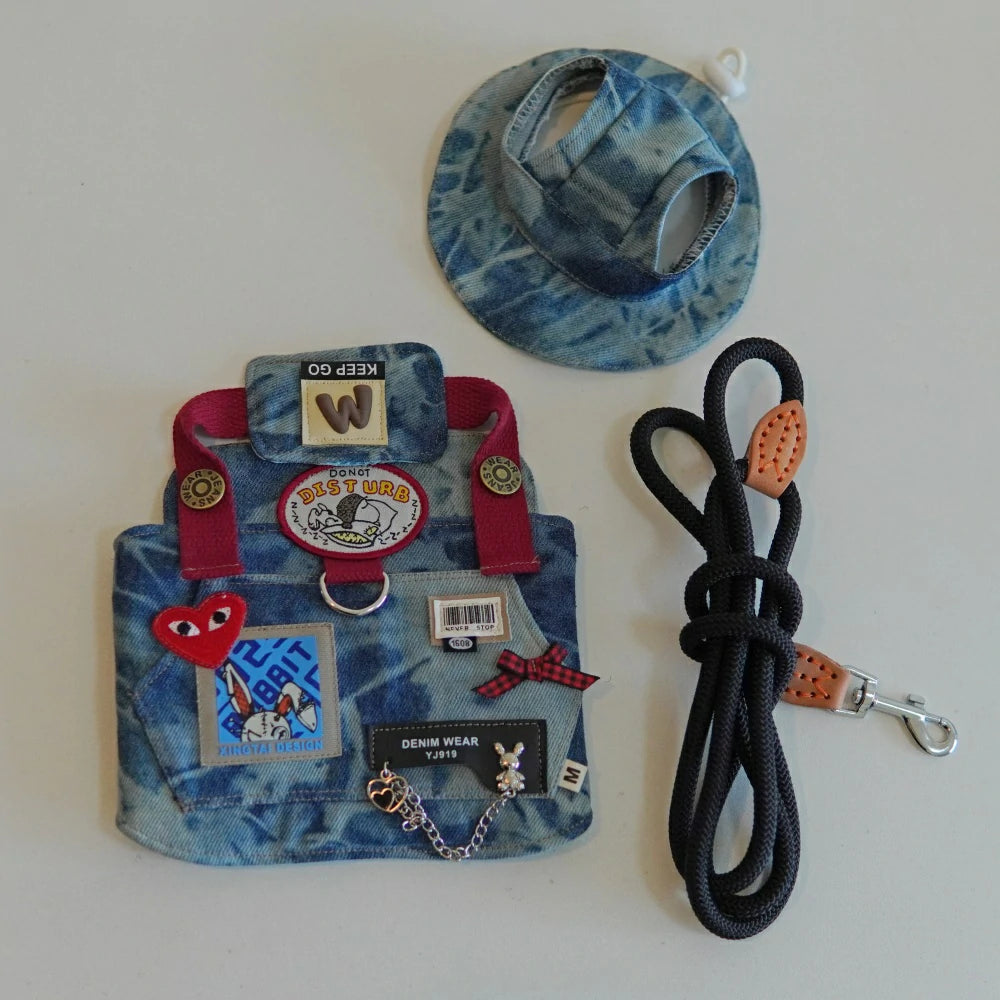 Blue denim with cat cartoon patch and chest leash set including hat