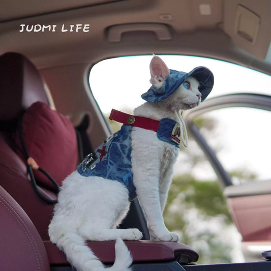 Blue denim with cat cartoon patch and chest leash set including hat