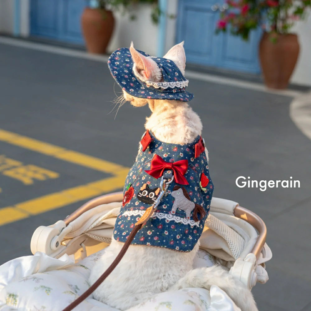 Blue floral bow cat denim chest strap suit with hat