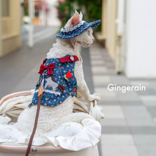 Blue floral bow cat denim chest strap suit with hat