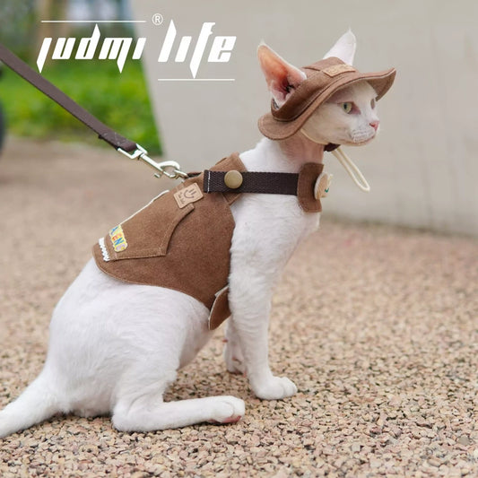 Cat Brown Canvas Cartoon Patch Chest Leash Set Includes Hat