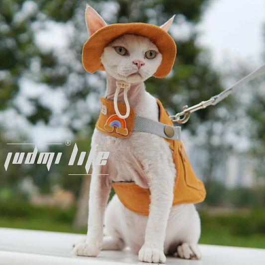 Cat Orange Canvas Chest Leash Set Includes Hat
