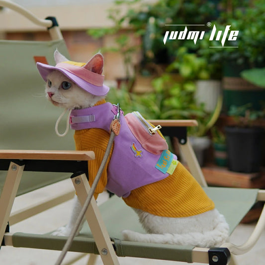 Cat Summer Orange Shirt Cartoon Chest Leash Set with Hat