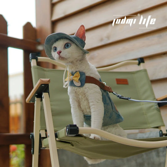 Cat denim chest leash set includes hat