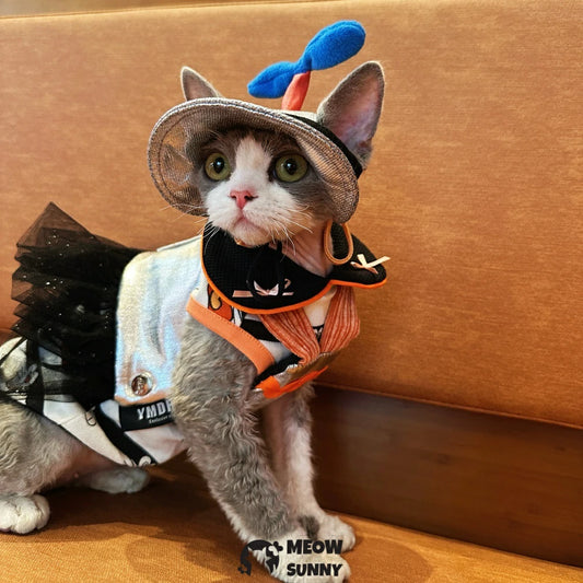 Cat traction chest back hat hairless cat clothes Doraemon bamboo dragonfly sun hat