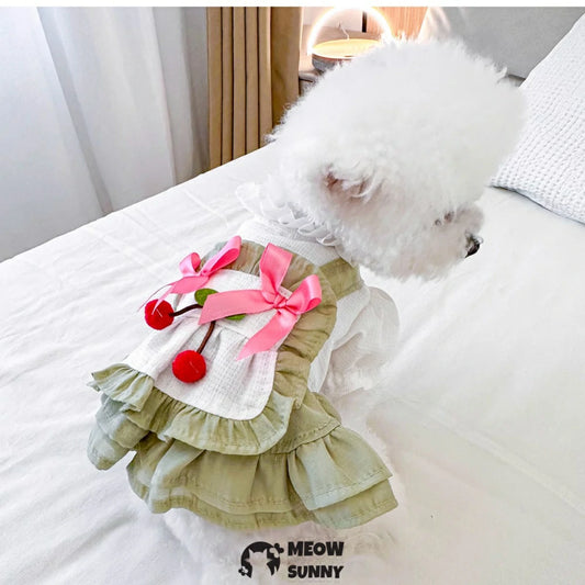 Cherry Cake Skirt Pet Clothes Green Pastoral Style Dog Princess Skirt