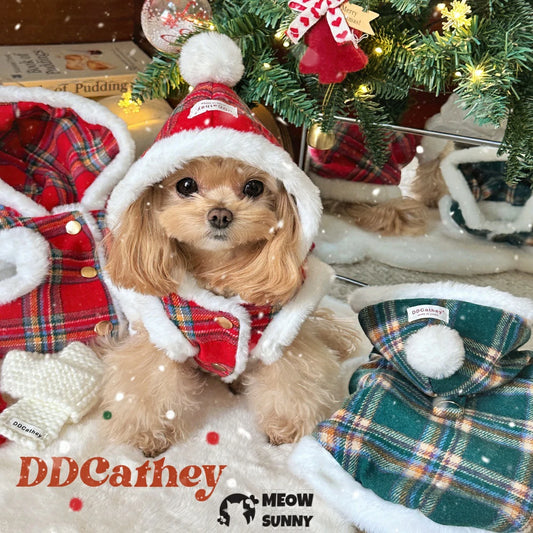 Christmas-themed red plaid plush cotton dog coat/jacket