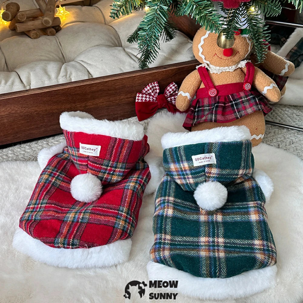 Christmas-themed red plaid plush cotton dog coat/jacket