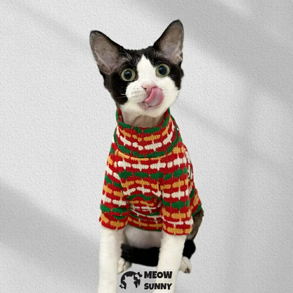 Christmas Red Knitted Turtleneck Sweater Warm Winter Hairless Cat Pet Clothes