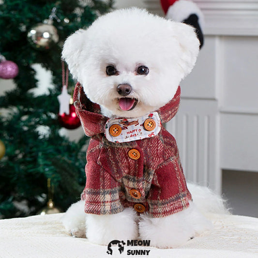 Christmas retro red plaid dog clothes, warm hooded coat/jacket.