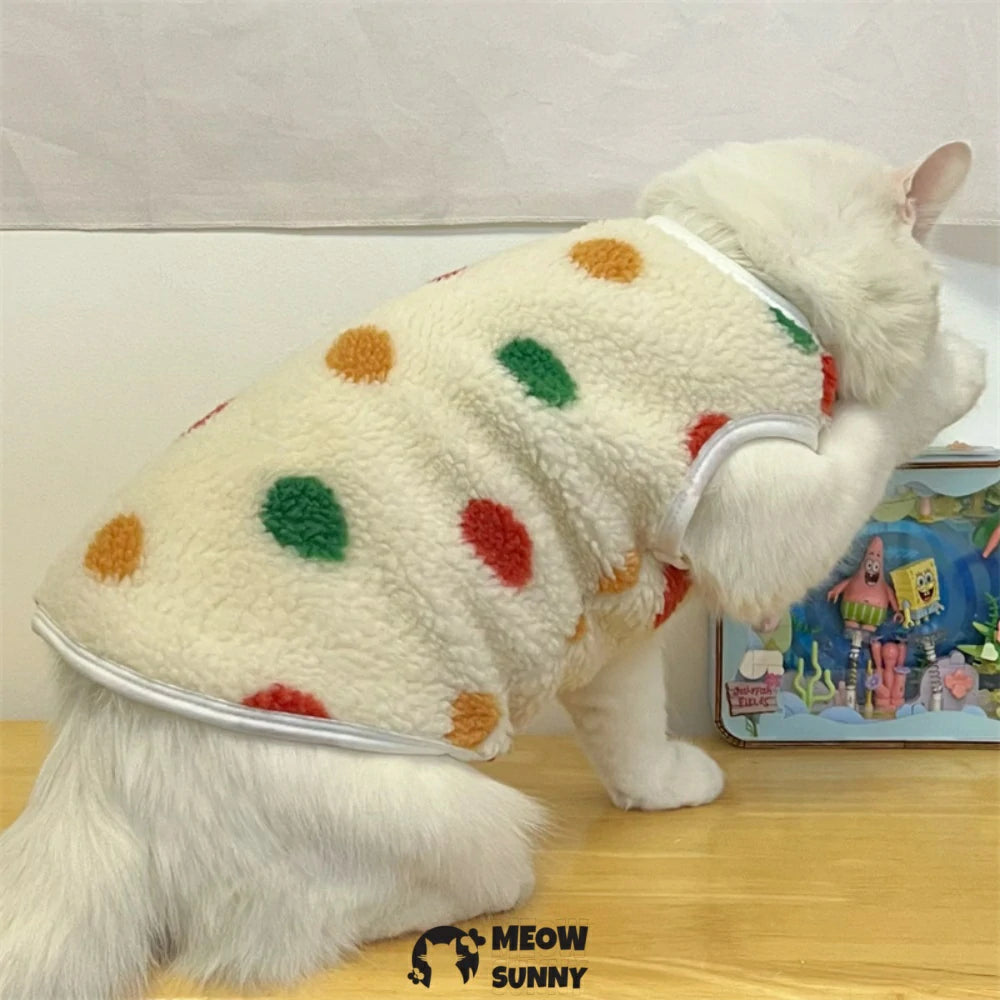 Colorful polka dot cat-themed warm and thick fleece vest