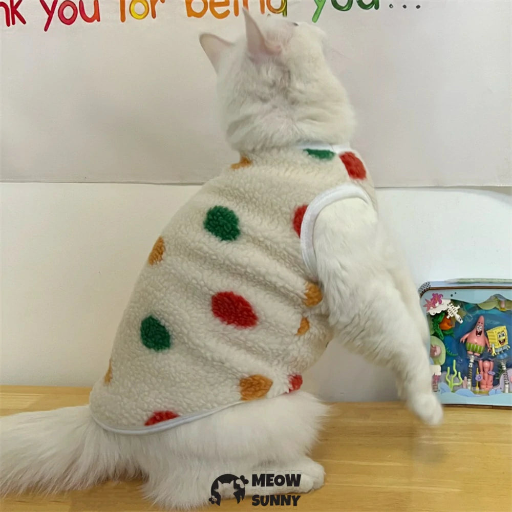 Colorful polka dot cat-themed warm and thick fleece vest