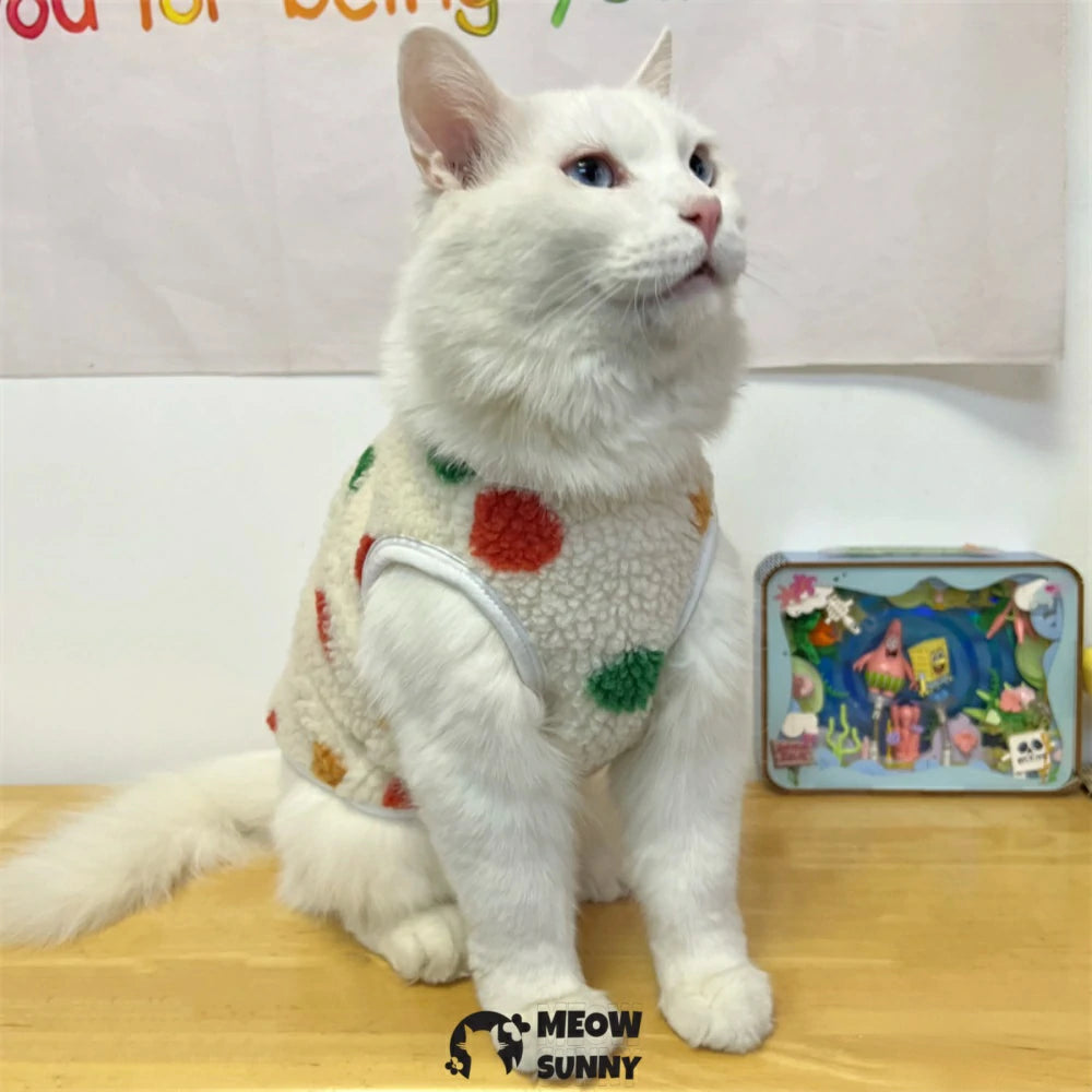 Colorful polka dot cat-themed warm and thick fleece vest