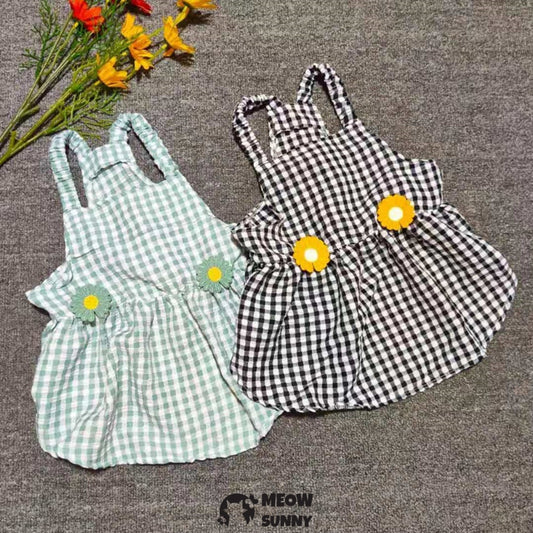 Cute Plaid Dog Dress Set with Bow Tie Harness Leash for Small Dogs