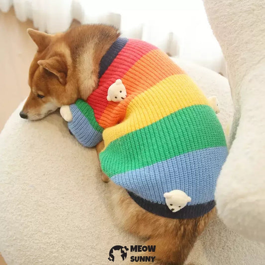 Dog Clothes Little Bear Rainbow Trendy Pet Thickened Sweater