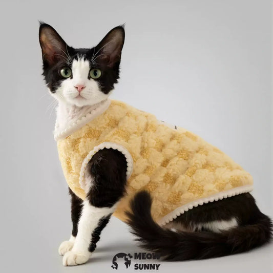 Fleece-lined, warm, and cute checkered cat-patterned windproof and cold-resistant vest for small pets.