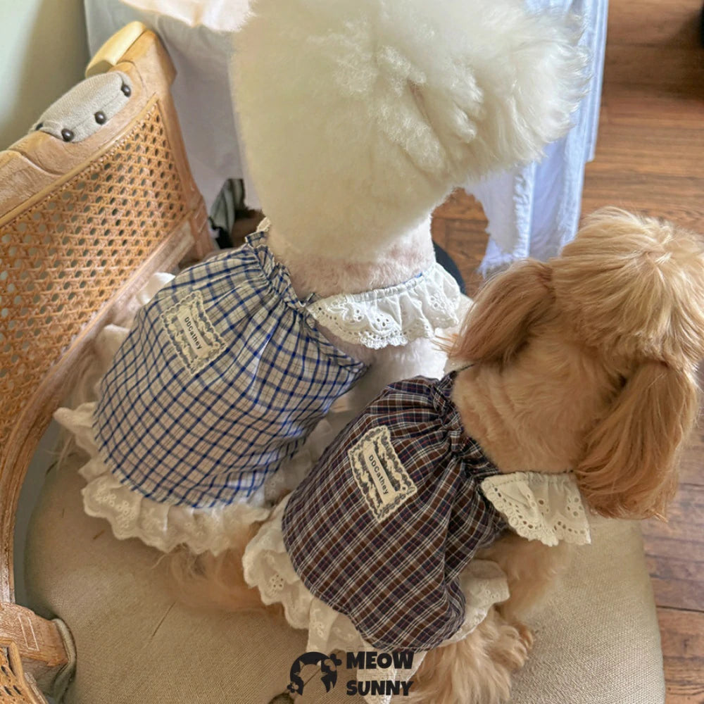 Forest-style retro plaid pet dress for small dogs, made of pure cotton, cool and cute.