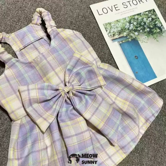 French Bulldog Purple Plaid Slip Dress with Bowknot Summer Vest Skirt