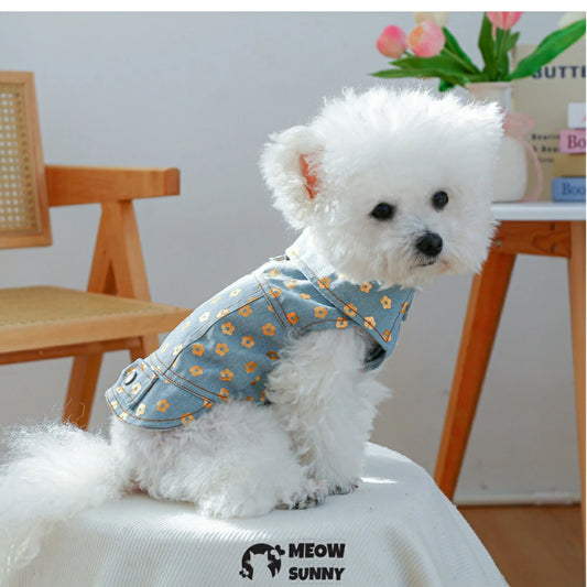 Gold-stamped small flower denim coat pet clothes dog handsome coat