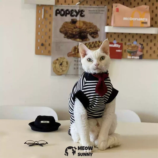 Hairless Cat Clothes Pure Cotton Striped T-shirt Vintage Bottoming Shirt