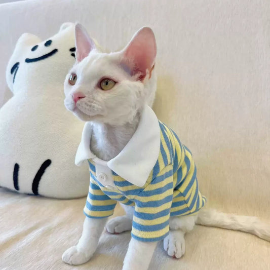 Hairless Cat Clothes Striped Sweet POLO Collar Stretch Cotton Sweater