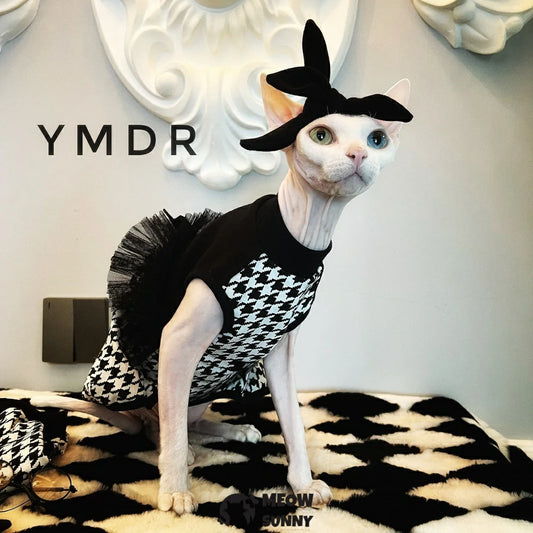 Hairless Cat Devon Black and White Houndstooth College Style Vest Set