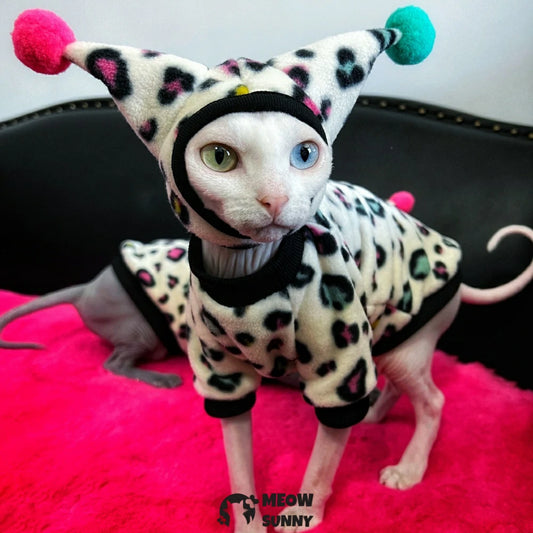 Hairless Devon cat leopard print suit, warm polar fleece, ear protection sun hat