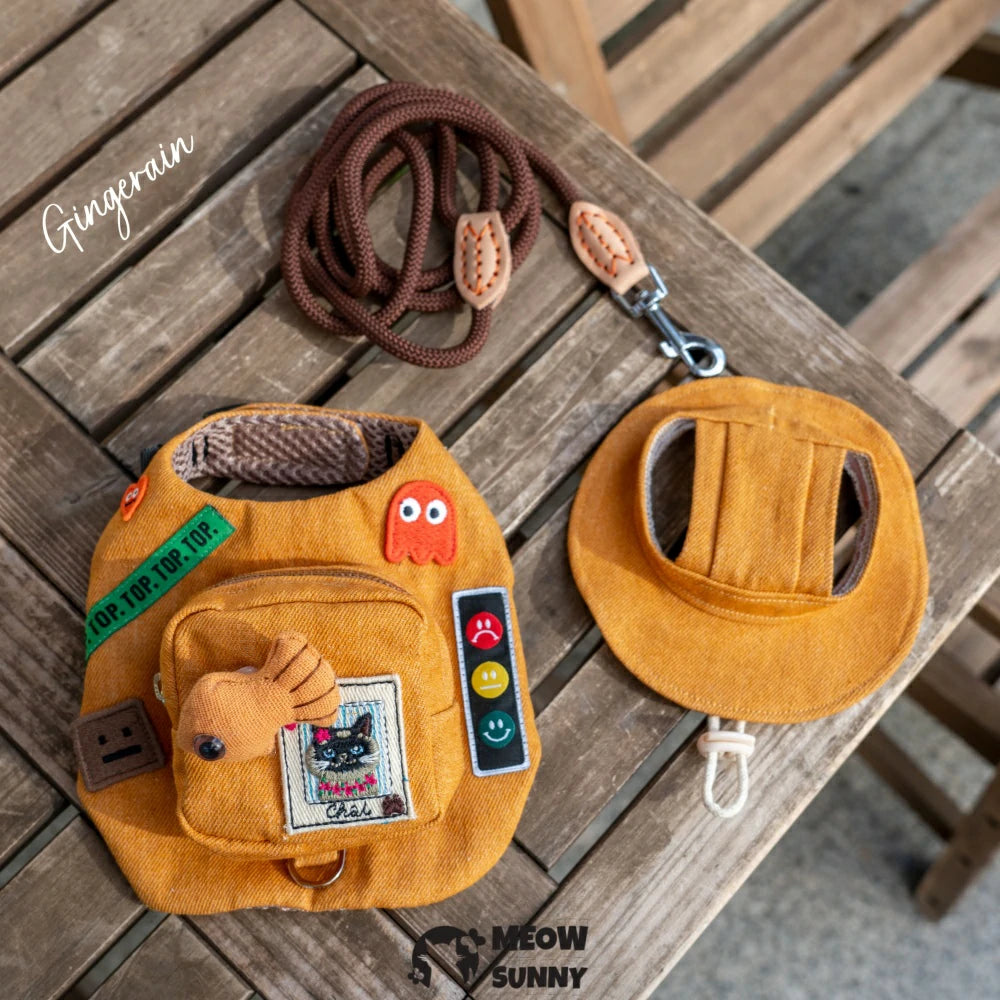 Hairless cat Breathable summer outdoor functional Orange vest with hat