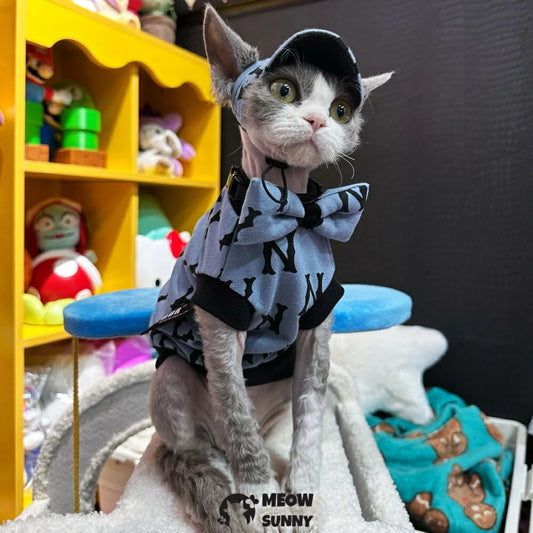 Hairless cat casual vest, summer cotton fabric, cat baseball cap, bow tie