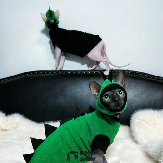 Hairless cat clothes green hat suit for going out warm dinosaur shape