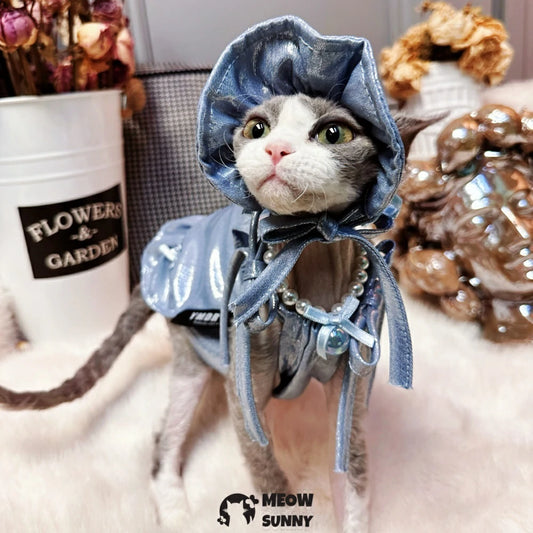 Hairless cat cool and sweet summer glass denim bow tie suspender skirt