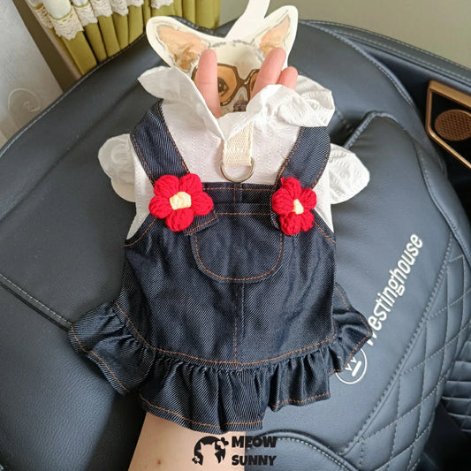 Little red flower overalls skirt pet dog clothes traction denim skirt