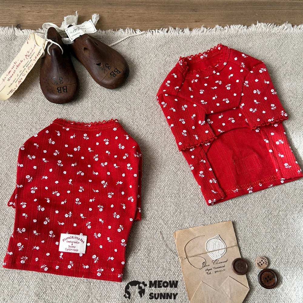 Mini red T-shirt with white lace trim featuring a dog