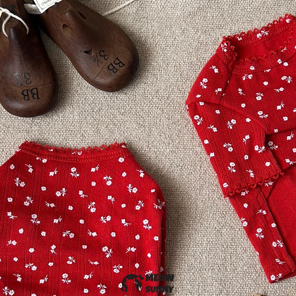 Mini red T-shirt with white lace trim featuring a dog